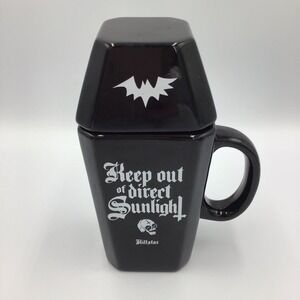 Killstar Coffin Coffee Mug with lid saying, Keep out of direct Sunlight Gothic